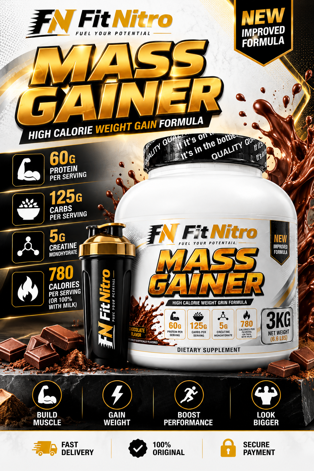 FitNitro Mass Gainer – 3KG | High-Calorie Weight Gain Formula