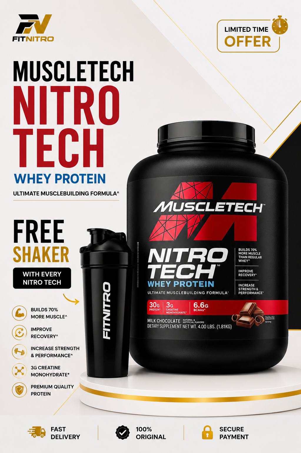 MuscleTech Nitro Tech Whey Protein – 4 lbs
