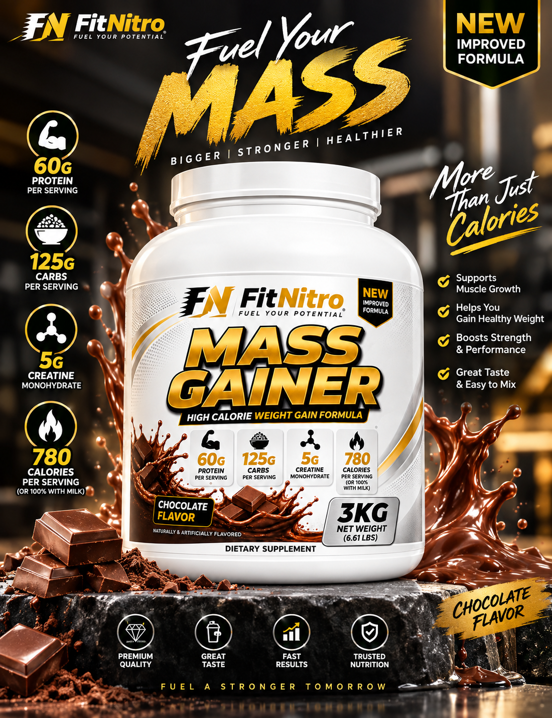 FitNitro Mass Gainer – 3KG | High-Calorie Weight Gain Formula