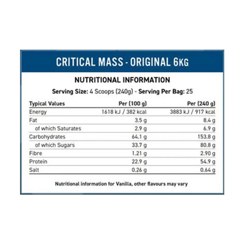 Applied Nutrition Critical Mass nutrition facts label