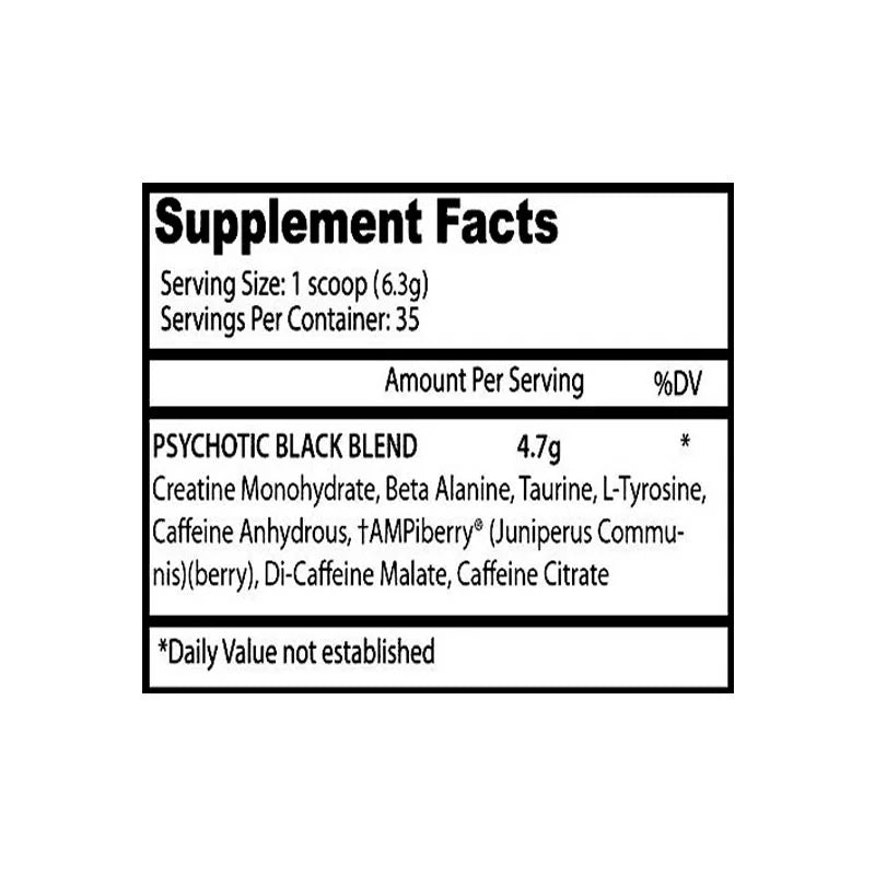 Insane Labz Psychotic Black 35 servings nutrition facts label