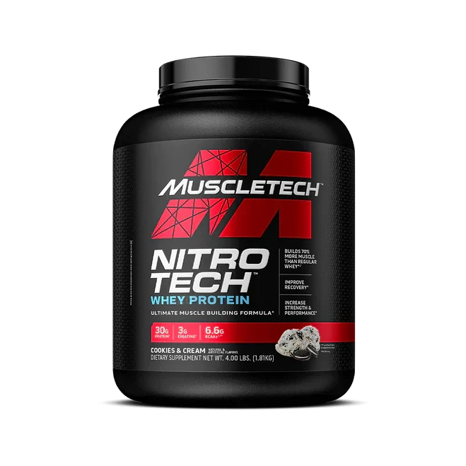MuscleTech Nitro-Tech Whey Protein Cookies and Cream 4lbs container