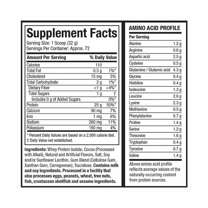 MuscleTech IsoWhey Protein nutrition facts label
