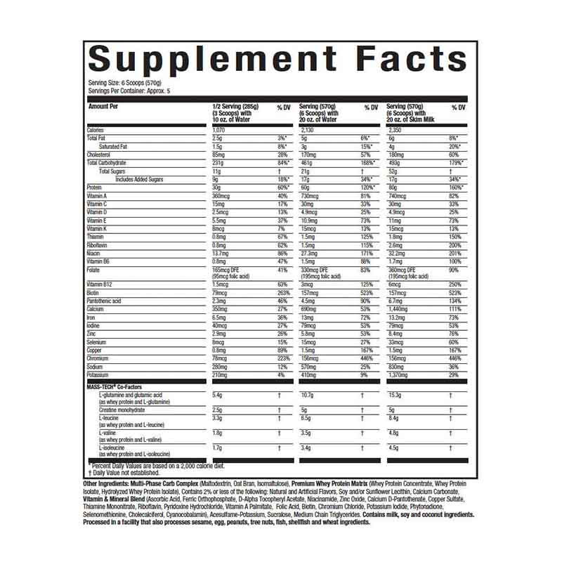 MuscleTech Mass Tech Extreme 2000 nutrition facts label