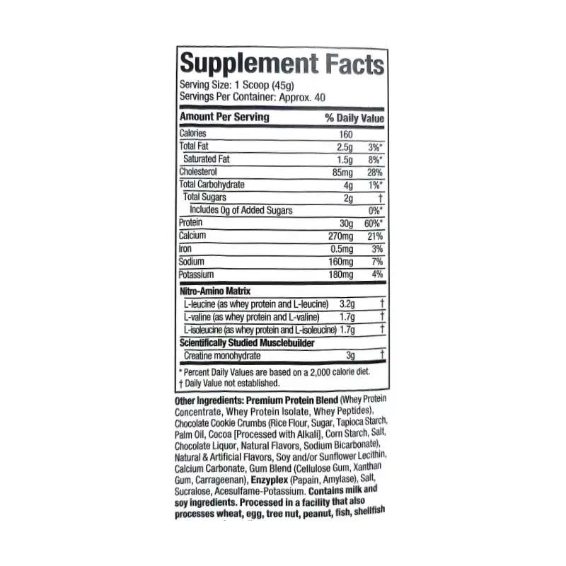 MuscleTech Nitro-Tech Whey Protein supplement facts label