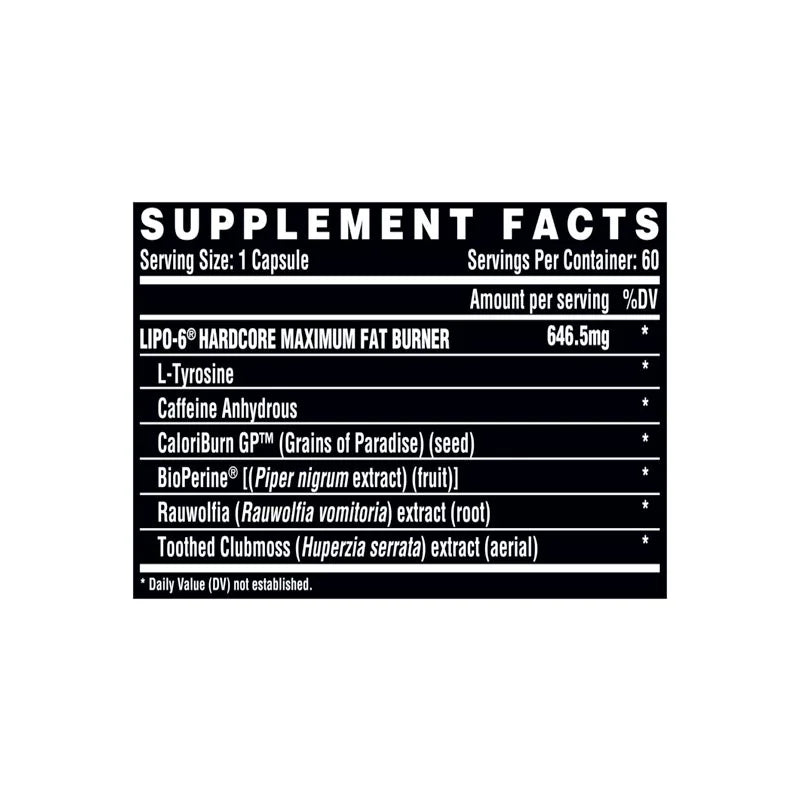 Nutrex Lipo 6 Hardcore Fat Burner nutrition facts label