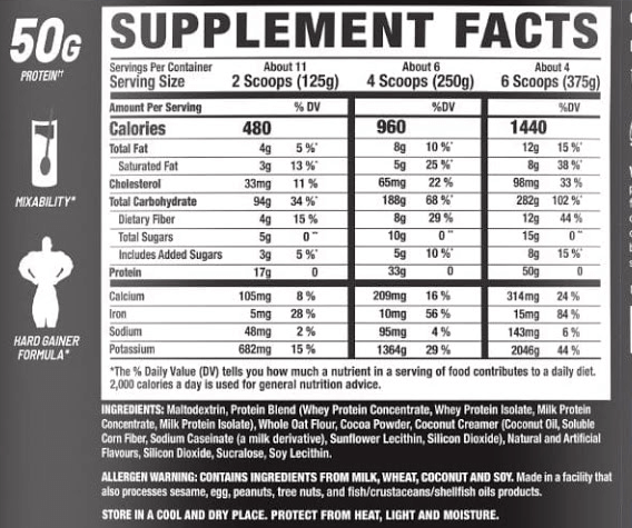 Ronnie Coleman King Mass XL nutrition facts label