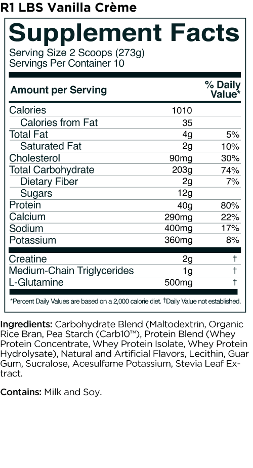 Rule 1 R1 Mass Gainer nutrition facts label
