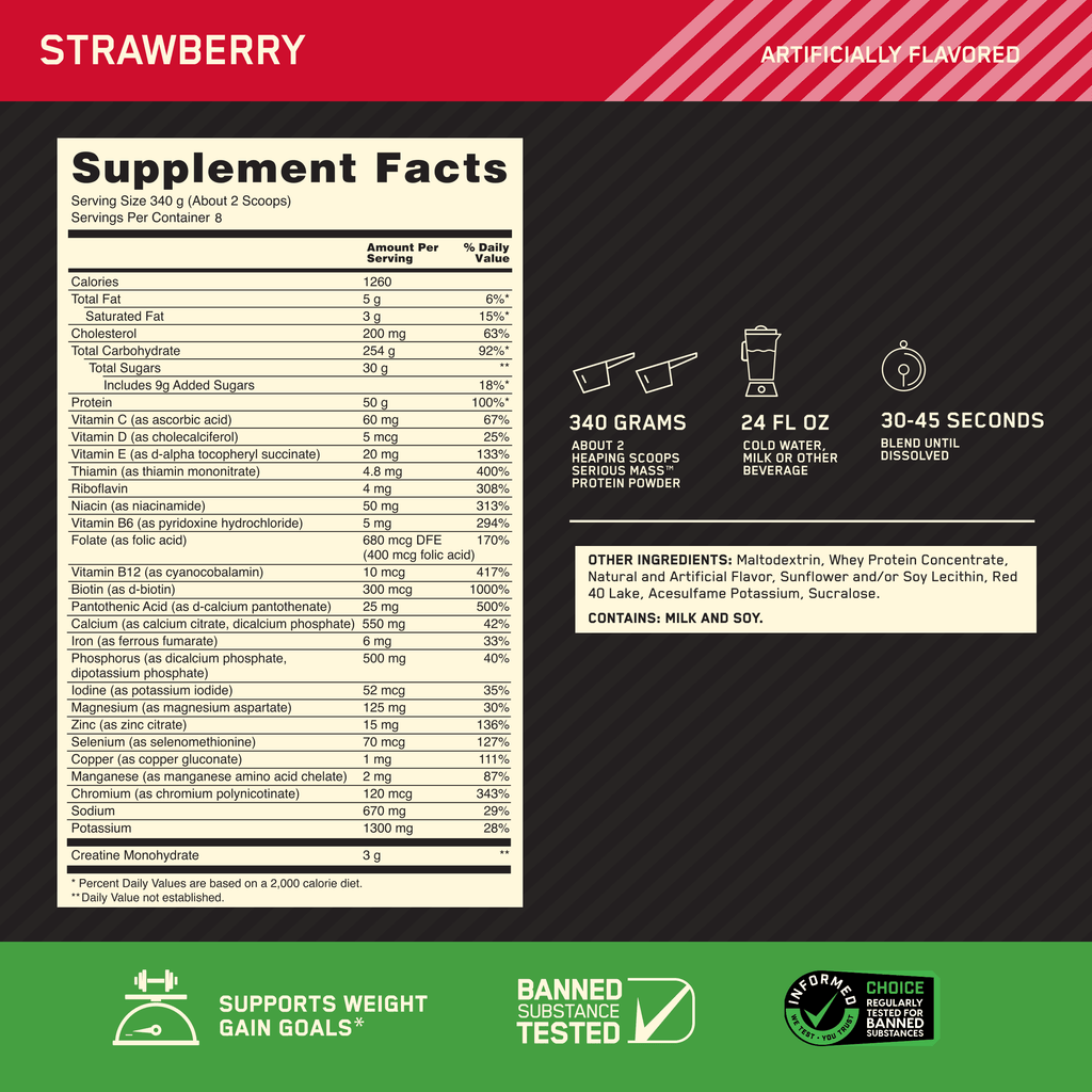 Optimum Nutrition Serious Mass nutrition facts label
