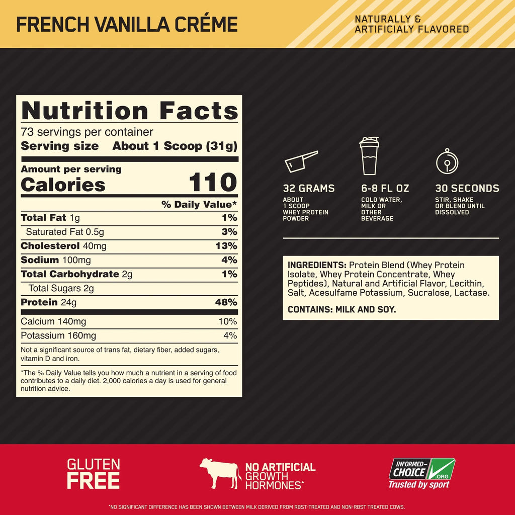 Optimum Nutrition Gold Standard Whey nutrition facts label