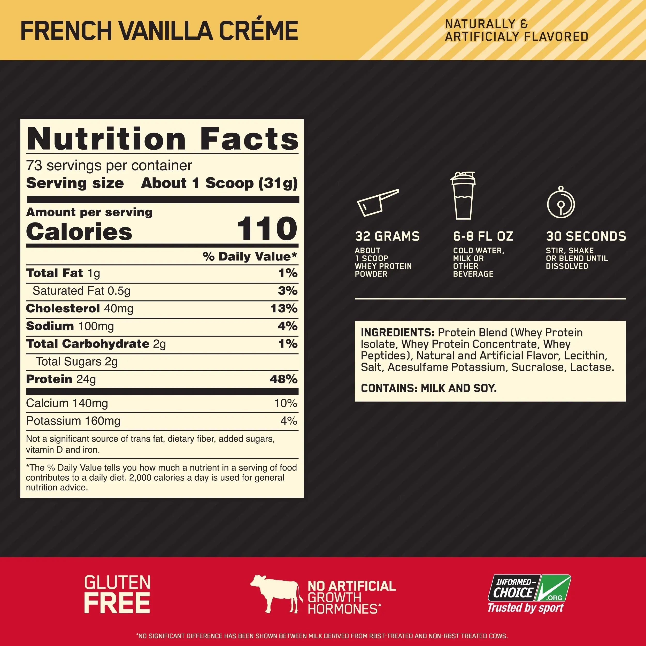 Optimum Nutrition Gold Standard Whey nutrition facts label